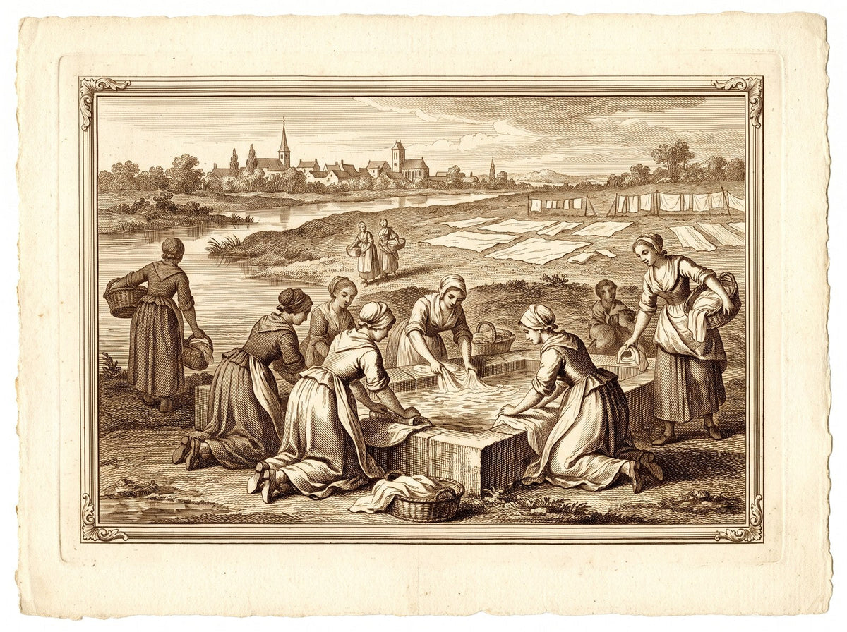 Lavanderas en un lavadero junto al río, la ropa blanqueando sobre el prado