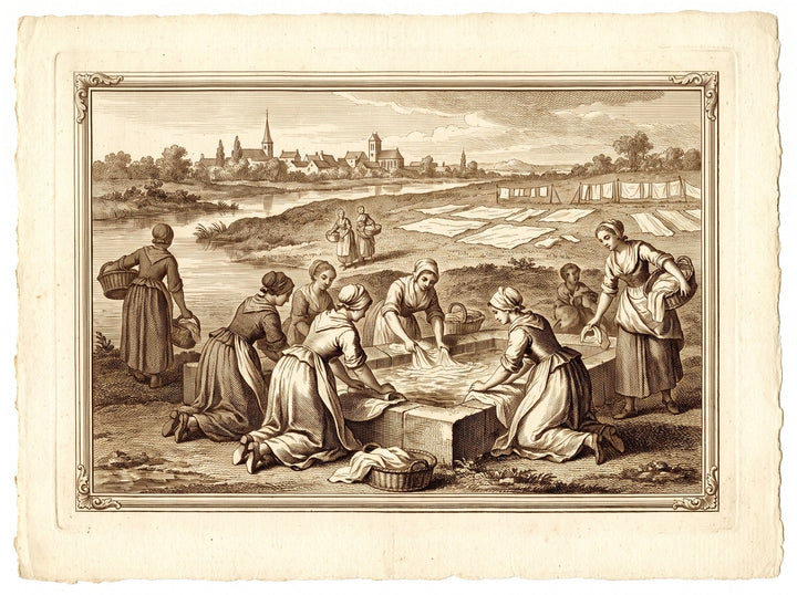 Lavanderas en un lavadero junto al río, la ropa blanqueando sobre el prado