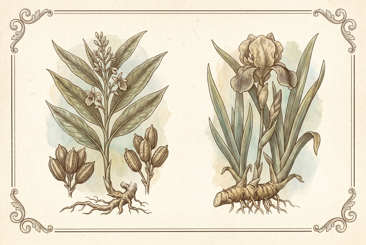 Vainas de cardamomo y rizoma de iris – lámina botánica