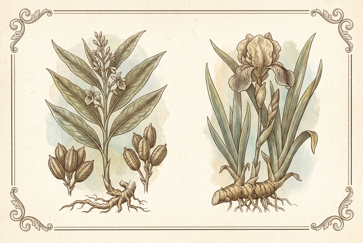 Vainas de cardamomo y rizoma de iris – lámina botánica
