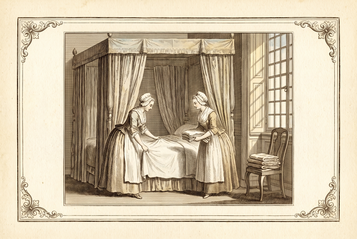Doncellas que hacen una cama con dosel – grabado