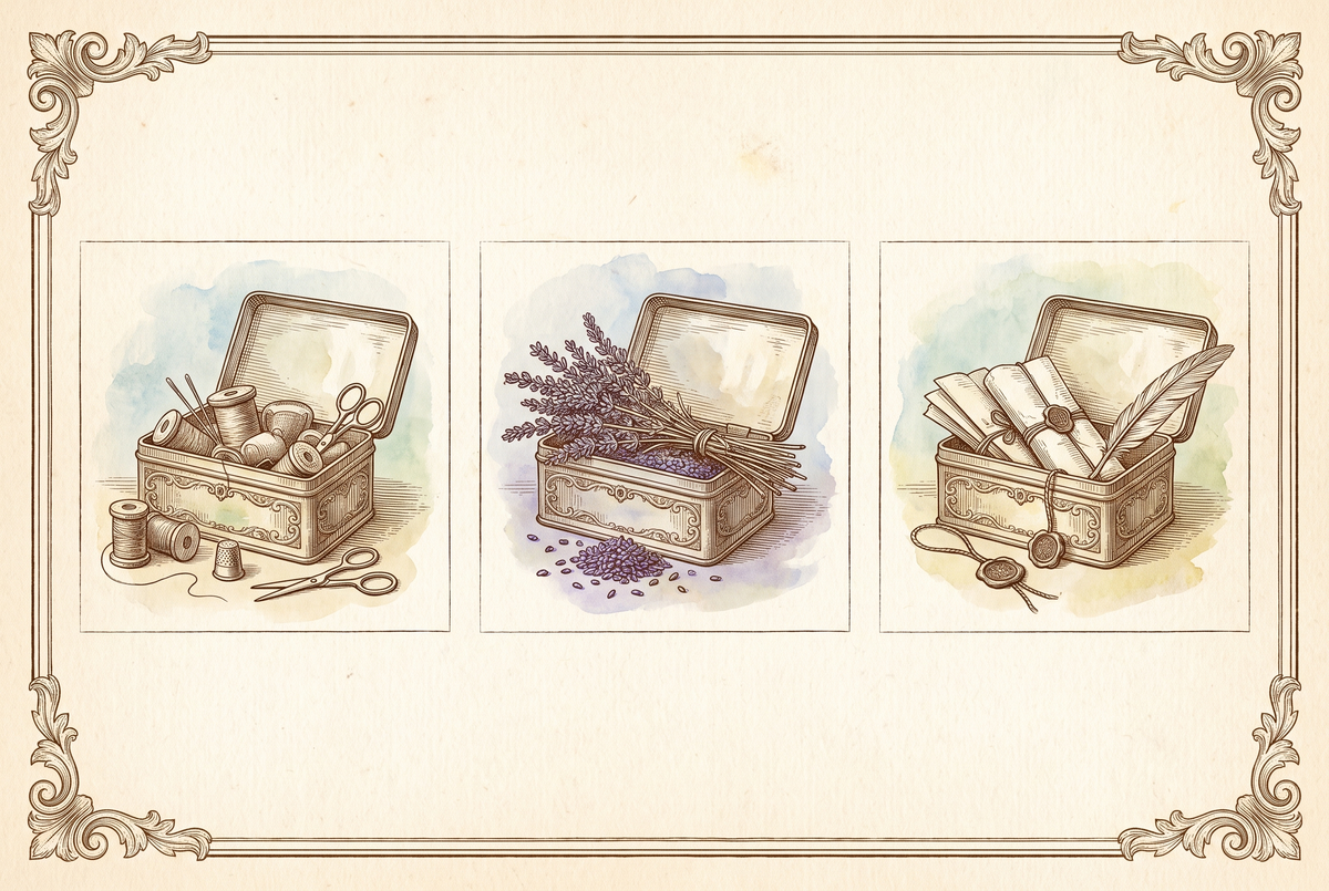 Un Écrin, tres vidas – costura, lavanda, cartas – grabado