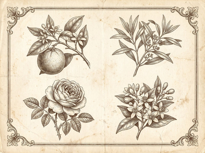 Lámina botánica: naranja, sándalo, rosa, azahar