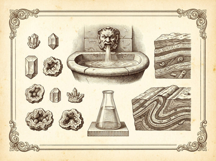 Lámina con agua, fuente y muestras minerales