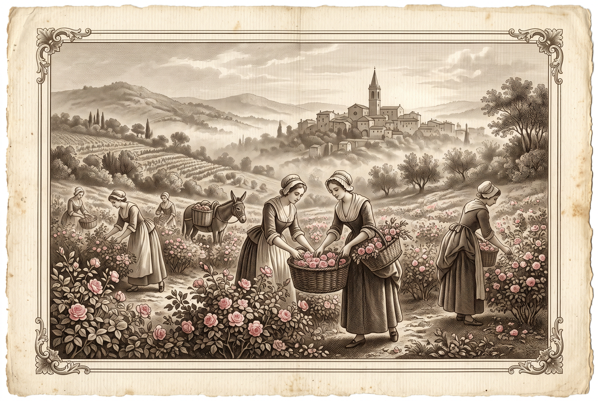 Cosecha de rosas al alba cerca de Grasse – grabado
