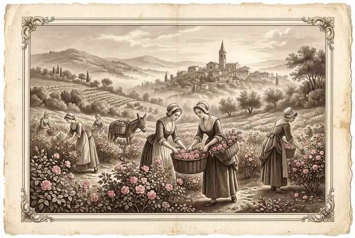 Cosecha de rosas al alba cerca de Grasse – grabado