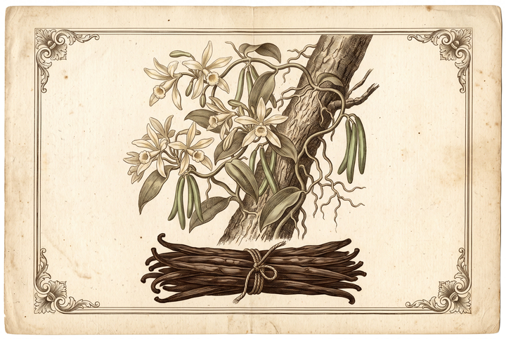 Orquídea de la vainilla y vainas curadas – grabado