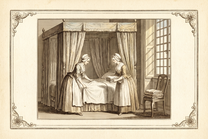 Doncellas que hacen una cama con dosel – grabado