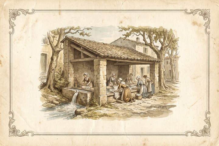 El lavadero de un pueblo provenzal y sus lavanderas – grabado